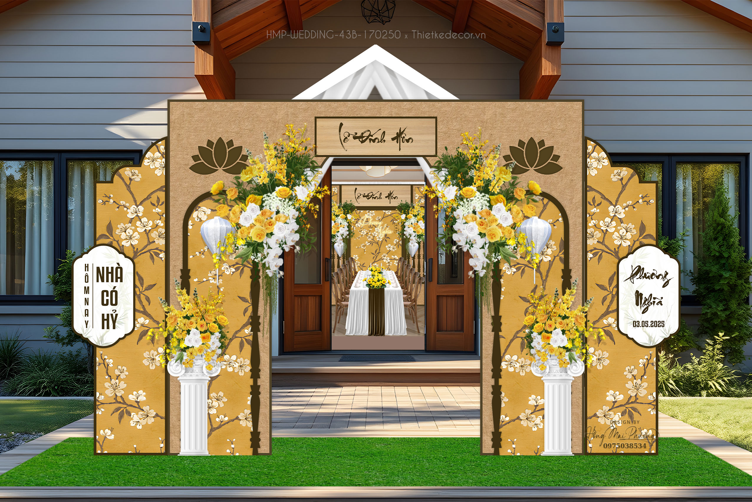 Cổng cưới tone vàng họa tiết chim cành Vintage